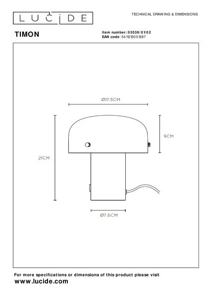 Lucide TIMON - Tafellamp - 1xE14 - Mat Goud / Messing - technisch